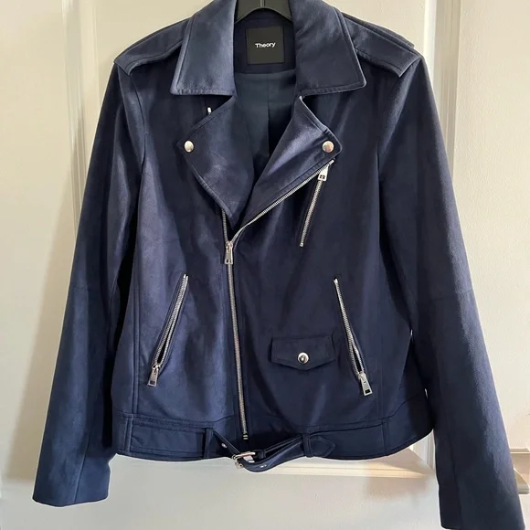 NWOT Theory Navy Velvet Moto Jacket w/Silver Details - Size M - Picture 6 of 8